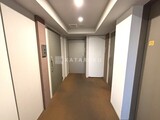 フリージアテラス 複数の収納扉と落ち着いた色合いの共用廊下