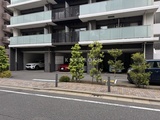 レジディア品川シーサイド 開放的な共有駐車場と緑が配置されたビル外観