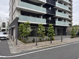 レジディア品川シーサイド 前面道路から見た建物1階のエントランスと駐車場、緑を配した開