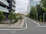 レジディア品川シーサイド 建物の前面道路から見た、緑に囲まれたモダンな外観と開放的な街