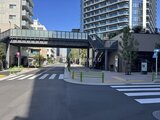 グランドシティタワー月島 横断歩道と高架下の開放的なエントランスアプローチ