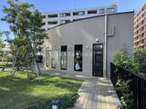 グランドシティタワー月島 緑に囲まれた共用庭から見た、モダンな外観の建物エントランス