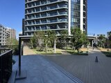 グランドシティタワー月島 緑に囲まれた開放的なエントランス広場と建物外観