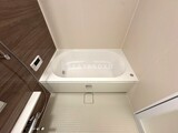 ザ・パークハビオ北千住 ホワイト基調のバスルーム、清潔感のある浴槽と足湯通しの床