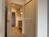 ステラテラス 木目調の大型クローゼットと奥の洗面台が見える廊下スペース