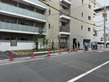 パークアクシス品川シーサイド 前面道路から見た建物エントランスと緑化された共用部分