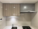 パークアクシス品川シーサイド 木目調の吊戸棚とステンレス製レンジフードのモダンなキッチン