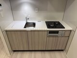 パークアクシス品川シーサイド シンク・コンロ・電子レンジが一列に配置されたコンパクトキッチ