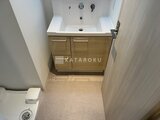グランカーサ住吉2 木目調の洗面化粧台と機能的な収納を備えた洗面室