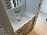 グランカーサ住吉2 白を基調とした洗面台と木目調の収納が備わった洗面室
