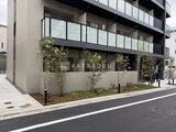グランカーサ住吉3 前面道路から見たモダンな建物外観と緑が映える低層部分