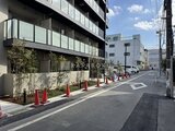 グランカーサ住吉3 前面道路から見た建物外観と植栽が配置されたエントランス周辺