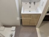 グランカーサ住吉3 木目調のキャビネット付き洗面台とトイレが配置されたコンパクト