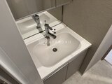 ビューテラス茗荷谷 白を基調とした洗面台と鏡が備わる洗面室