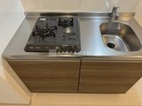 THE PALMS大島 ステンレス天板とグレー調木目のシステムキッチン、2口ガスコン