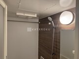 エスレジデンス駒場東大前 木目調パネルと円形ライトがある落ち着いた浴室