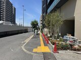 プレディアコート北千住 建物前面の駐車場入口から見た開放的なアプローチ