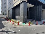 プレディアコート北千住 建物エントランス前の舗装済みアプローチと周辺の造園工事の様子