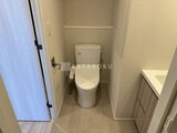 パークアクシス住吉ガーデンスクエア 温かみのあるトイレ空間に温水洗浄便座と収納棚を備えた様子