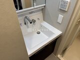 ES-Grande門前仲町デュオ 洗浄便座付きの白い洗面台と鏡を備えたコンパクトな洗面室