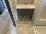 デュオフラッツ浅草田原町ネスト 落ち着いた色合いの洗面台と収納付き洗面室の様子