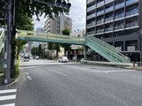 ザ・パークハビオSOHO高田馬場テラス 街路樹が立ち並ぶ前面道路から見た建物と歩道橋の様子