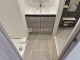 プライムブリス本所吾妻橋 グレー系の洗面化粧台と白を基調とした明るい洗面脱衣室の全体像