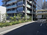 パークアクシス五反田スカイタワー 前面道路から見たモダンな外観と緑に囲まれた入口の様子
