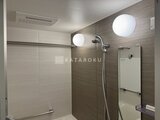 パークアクシス五反田スカイタワー モダンな浴室空間に設置された大きな丸型照明と手すり