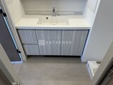 パークアクシス五反田スカイタワー 洗面ボウル付きの落ち着いた色合いの洗面台と広めの洗面室