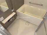 パークアクシス五反田スカイタワー 落ち着いたグレーのパネル壁と白い浴槽が調和したバスルーム