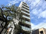 グランカーサ上野松が谷 青空を背景に、緑の樹木と共に映る開放的な印象のマンション外観