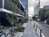 エレミ本蓮沼 モダンな外観の建物と街路樹が調和した前面道路の様子