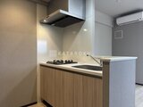 グランパセオ押上八広 ガスコンロとレンジフードを備えた明るいキッチン空間