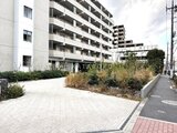 コンフォリア高島平 前面道路から見たマンション外観と舗装された敷地の様子