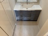 ラペルラ目黒東山2 落ち着いた色合いの洗面化粧台と広めの洗面室の様子