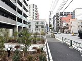 アルコバレーノ南千住 街路樹のある歩道から見た建物外観と周辺街並み