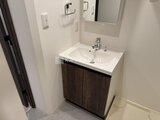 ラヴィエール荏原中延 白を基調とした洗面台と落ち着いた色合いの収納が備わった洗面室