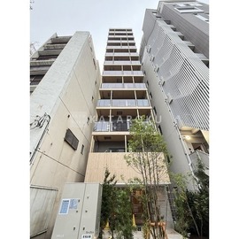 コンフォリア・リヴ北上野 下から見上げた建物外観と竹などの植栽が配置されたエントランス