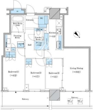 ブランズタワー豊洲 34階69.69㎡ 間取り図